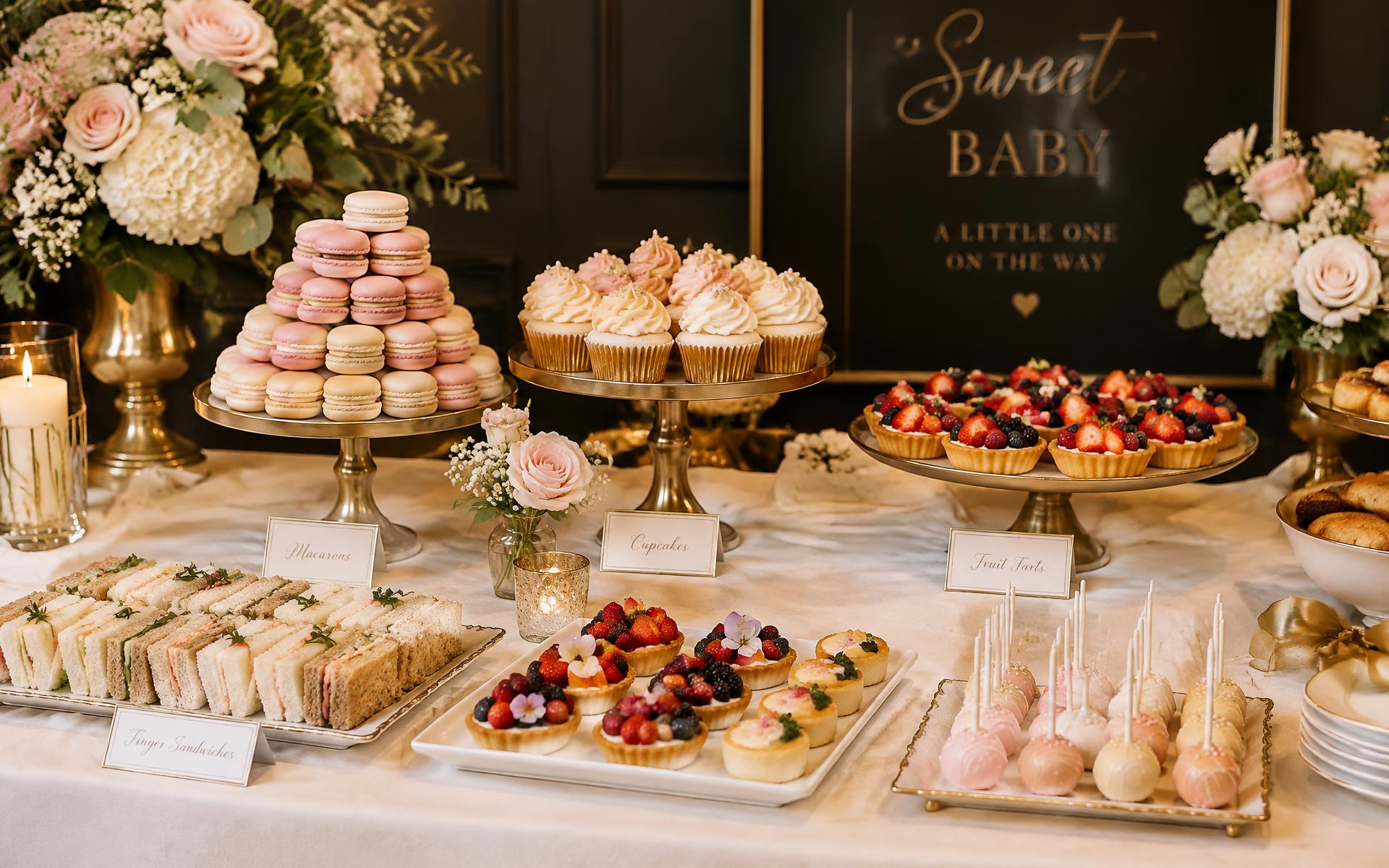 Baby shower dessert and tea sandwich display