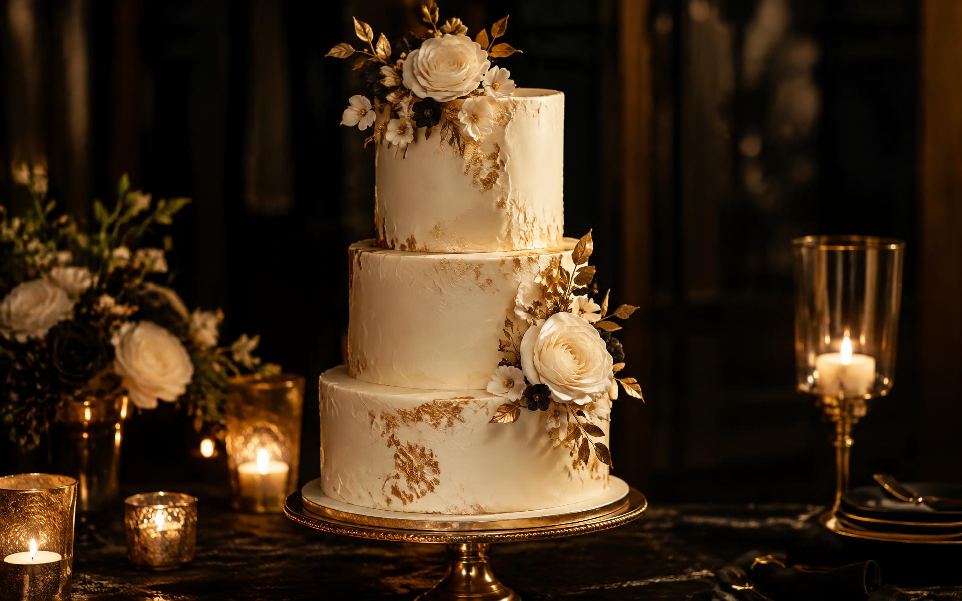 Tiered celebration cake with gold leaf accents