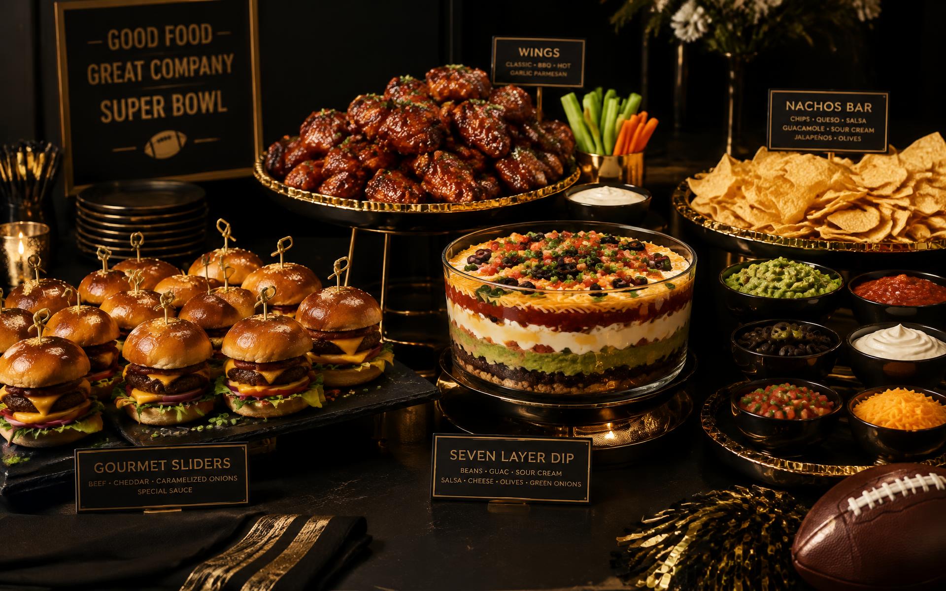 Super Bowl party catering spread with sliders, wings, and dips